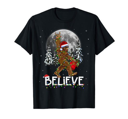 Santa Bigfoot Christmas Lights Funny Sasquatch Believe Xmas T-Shirt