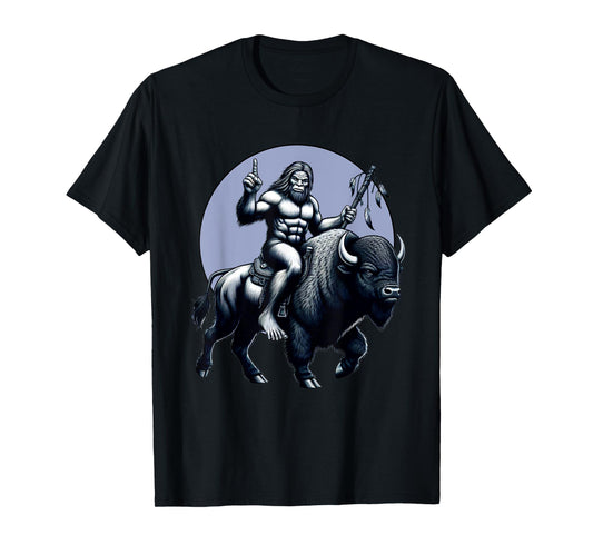 Bigfoot Riding Buffalo With Moon Bigfoot Buffalo Lovers T-Shirt