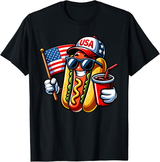 4th of July Hotdog Funny Fourth of July Patriotic USA Flag T-Shirt