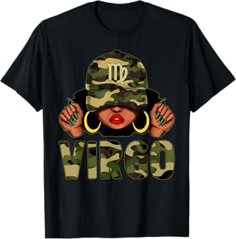 Virgo Queen Black Woman With Cap Camo Afro Girl Zodiac T-Shirt