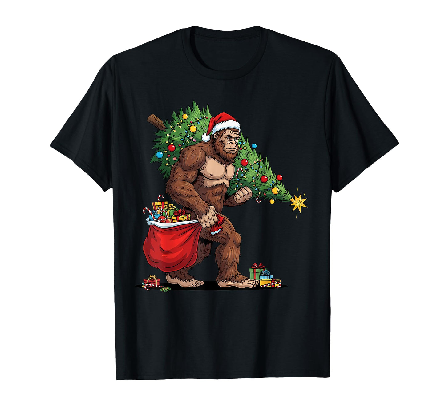 Christmas Bigfoot with Christmas Tree Lights Xmas Boys Men T-Shirt