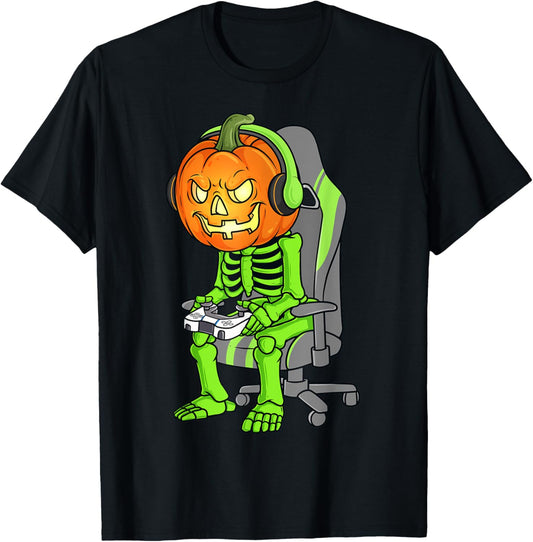 Gaming Halloween Skeleton Jack O Lantern Gamer Boys Kids T-Shirt