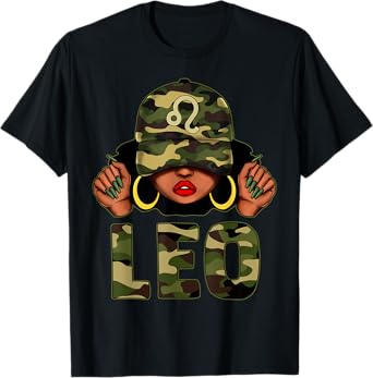 Leo Queen Black Woman With Cap Camo Afro Girl Zodiac T-Shirt