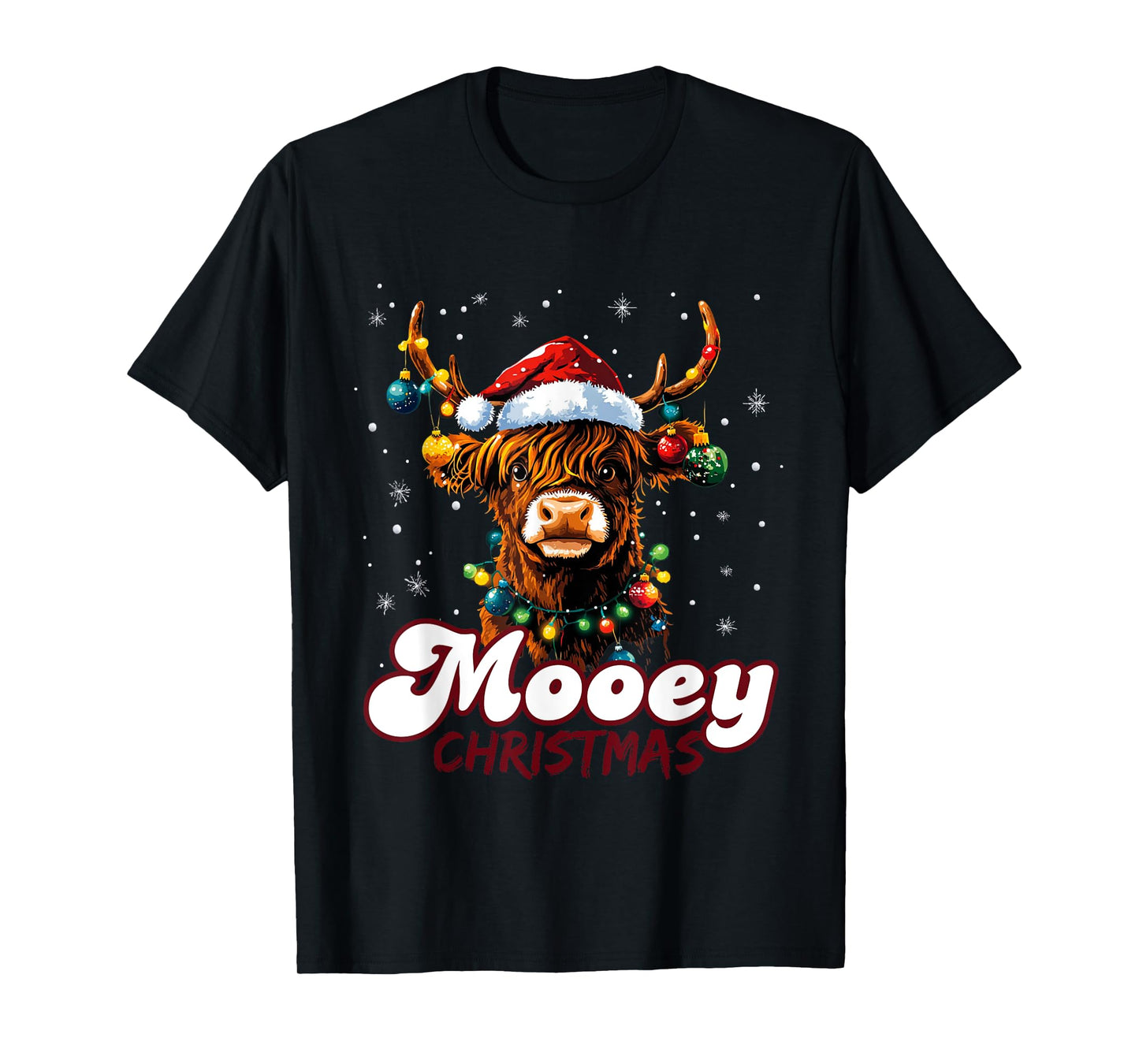Mooey Christmas Highland Cow with Santa Hat and Xmas Lights T-Shirt