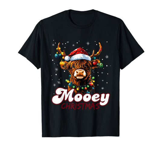 Mooey Christmas Highland Cow with Santa Hat and Xmas Lights T-Shirt