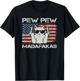 Pew Pew Madafakas - Vintage Cats USA Funny Crazy Cat Lovers T-Shirt