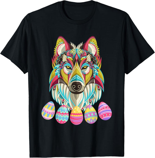 Easter Cute Wolf Nature Spring Colorful Eggs Pet Puppy Dog T-Shirt