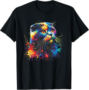 Colorful Splash Art Scottish Fold Cat Scottish Folds Coupari T-Shirt for Men Women Kids