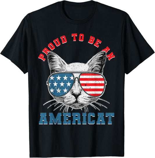 Cat US Flag Sunglasses Proud To Be An Americat Forth Of July T-Shirt