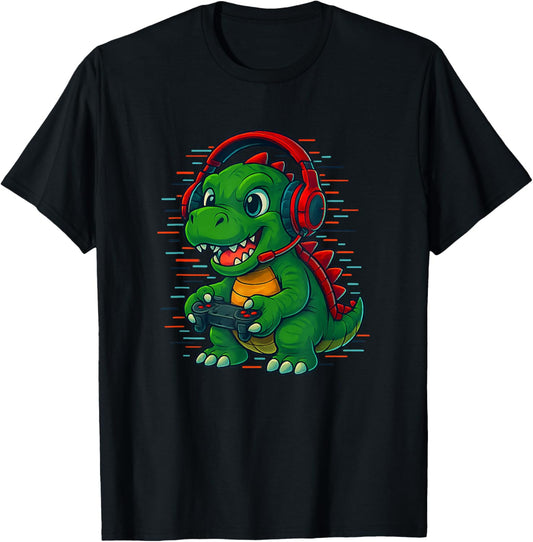 Dinosaur Gamer Glitch Art Headset and Controller Gifts T-Shirt