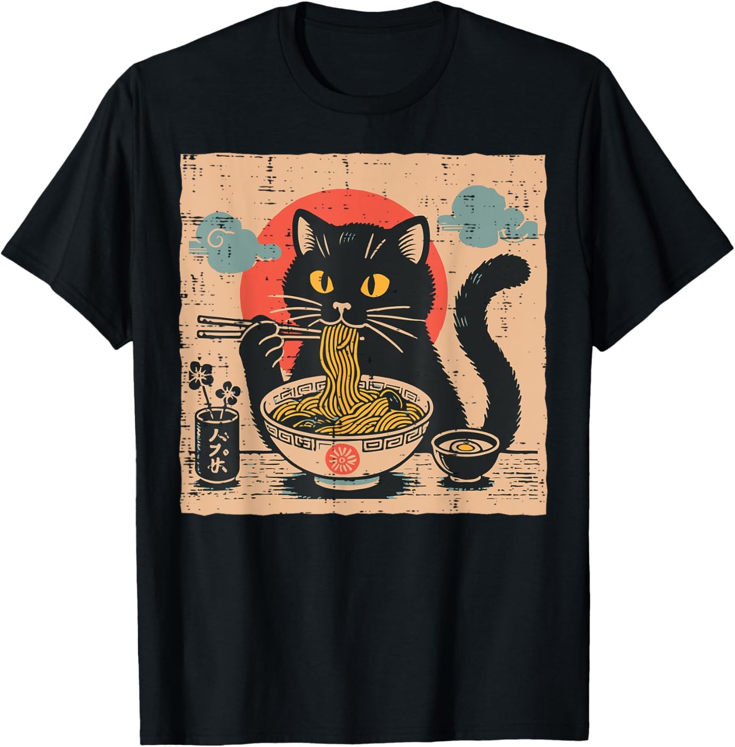 Japanese Black Cat Ramen Sun Retro Kitten Art Women Men Kids T-Shirt