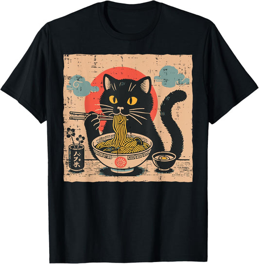 Japanese Black Cat Ramen Sun Retro Kitten Art Women Men Kids T-Shirt