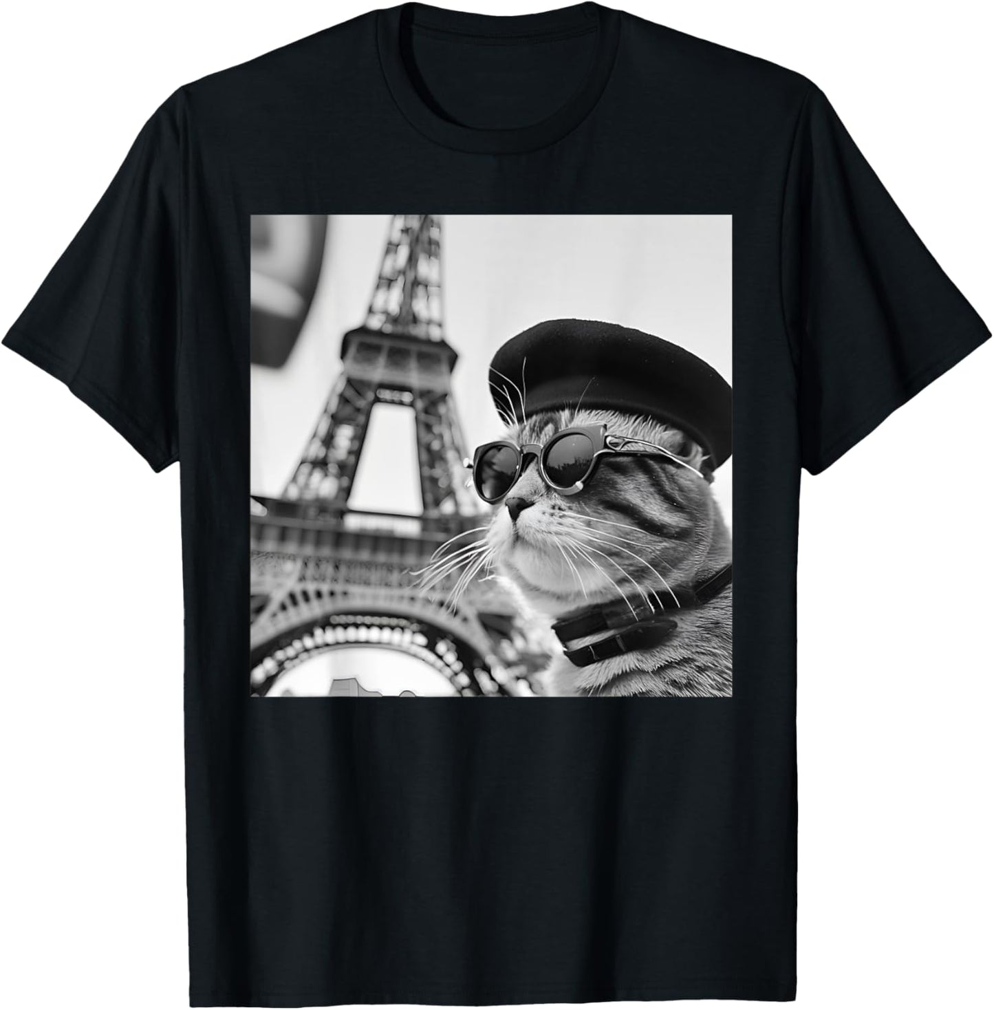 Funny Cat Wearing Sunglasses and A Beret At The Eiffel Tower T-Shirt