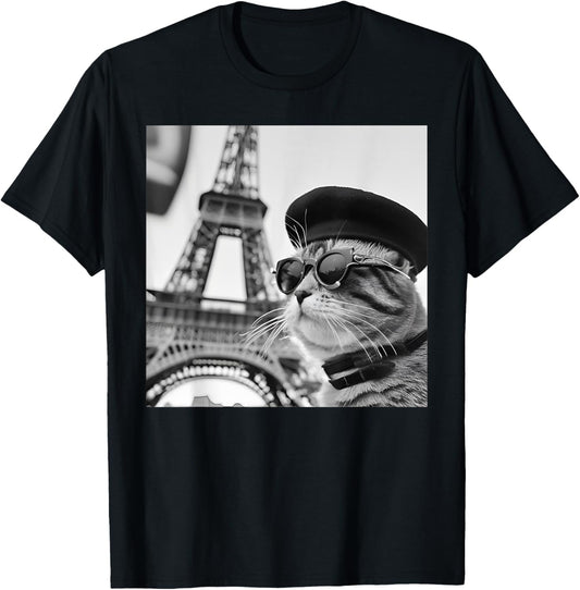 Funny Cat Wearing Sunglasses and A Beret At The Eiffel Tower T-Shirt
