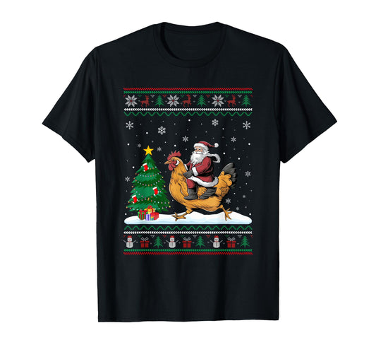 Ugly Christmas Tree Lights Xmas Santa Riding Chicken T-Shirt