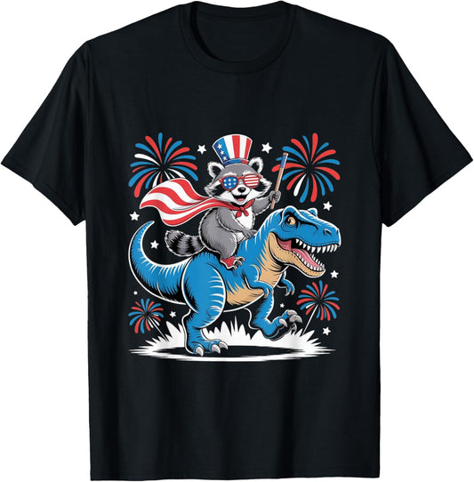 Funny Raccoon Riding dinosaur 4th Of July Patriotic T-Shirt