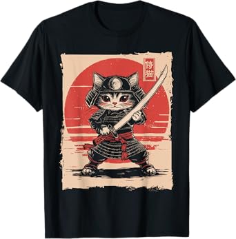 Japanese Samurai Cat Kawaii Ninja Cat T-Shirt