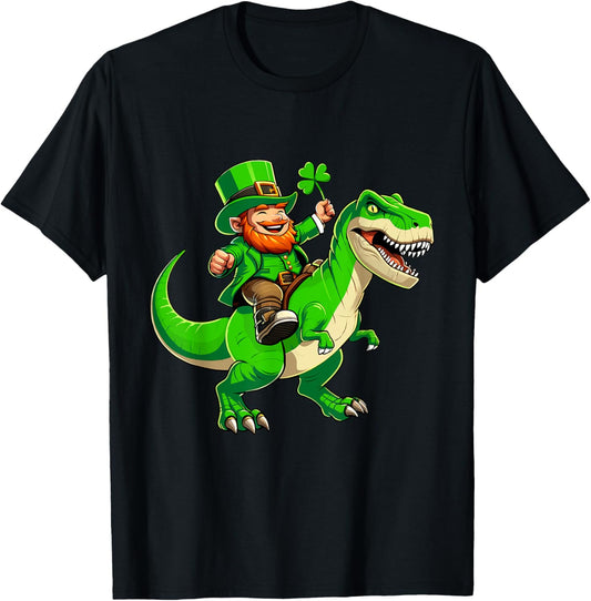 St Patricks Day leprechaun Riding T-Rex Dinosaur Boys Kids T-Shirt
