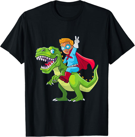 Superhero Birthday Boy Riding T Rex Dinosaur Kids Toddler T-Shirt