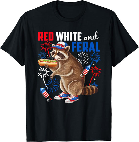 Red White And Feral 4th Of July Raccoon Eating Hot Dog T-Shirt