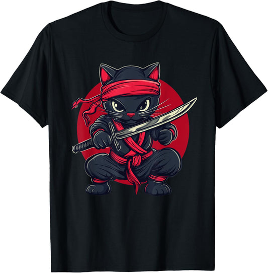 Cat Ninja Samurai Japan Japanese Flag Kawaii Funny Graphic T-Shirt