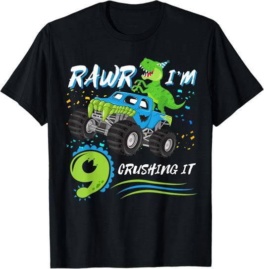 Rawr I'm 9 Monster Truck Dinosaur 9th Birthday Party T-Shirt