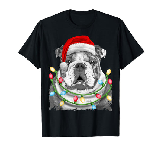 English Bulldog Santa Christmas Tree Lights Xmas Boys Dog T-Shirt