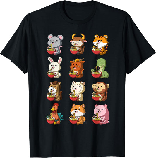 Cute Chinese Zodiac Animals Ramen Noddle Lunar New Year T-Shirt