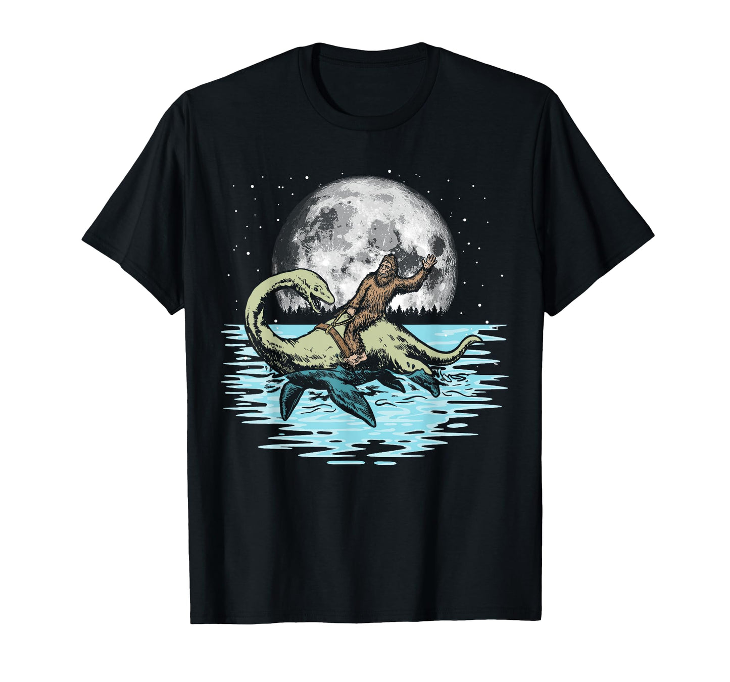 Funny Bigfoot Riding Nessie Loch Ness Monster & Full Moon T-Shirt