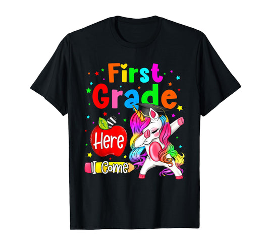 First Grade Here I Come Unicorn Girls Kids Back To School T-Shirt