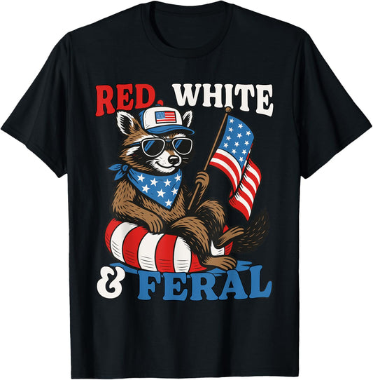 Red White And Feral Hot Dog Raccoon 4th Of July Trash Panda T-Shirt