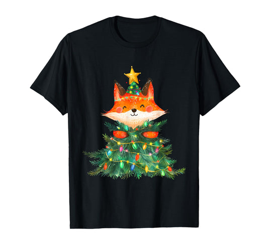 Fox Christmas Tree Pajamas Girls Boys Xmas Lights T-Shirt