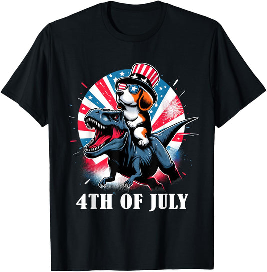 Beagle Dog Riding T Rex Dinosaur 4th Of July Patriotic T-Shirt