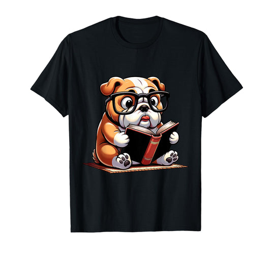 English Bulldog Reading a Book Dog T-Shirt for Men Women Girls Kids