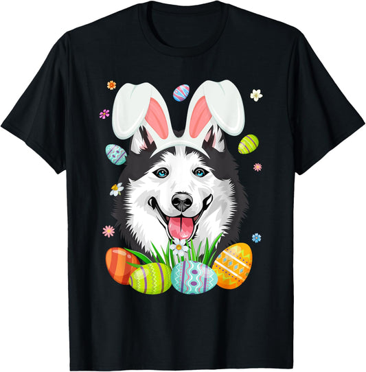 Cute Bunny Siberian Husky Dog Head & Easter Egg Easter Day T-Shirt for Men Women Girls Kids
