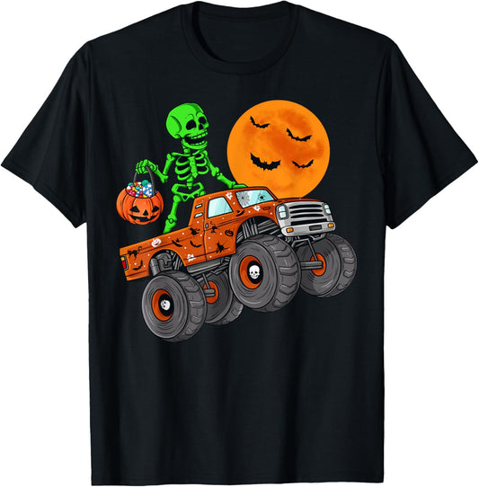 Halloween Skeleton Riding Monster Truck Toddler Boys Kids T-Shirt