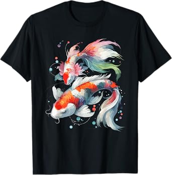 Watercolor Japanese Koi Gift Unisex-Adults T-Shirt Black Small Cartoon Koi T-Shirt