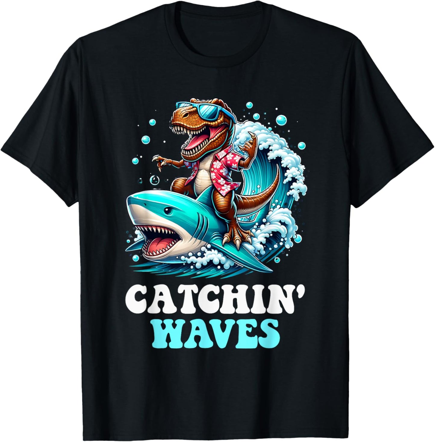 Catchin Waves T-Rex Dinosaur Riding Shark Surfing Wave Beach T-Shirt for Men Women Kids