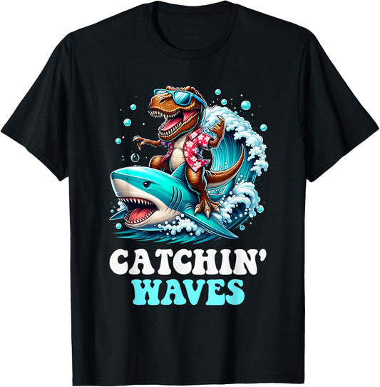 Catchin Waves T-Rex Dinosaur Riding Shark Surfing Wave Beach T-Shirt for Men Women Kids