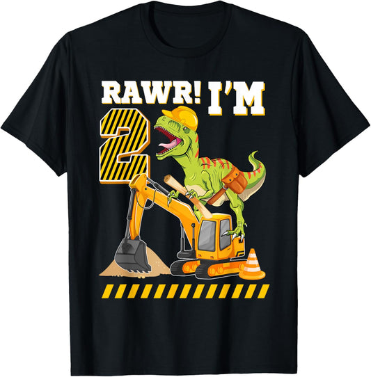 T Rex Dinosaur Construction Hat Excavator 2nd Birthday Boys T-Shirt