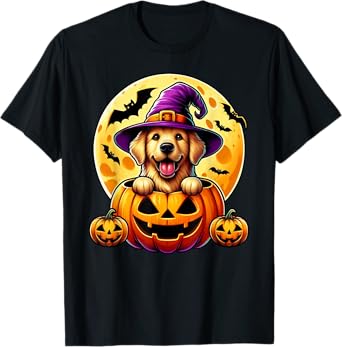 Halloween Golden Retriever Witch Hat Pumpkin Dog Lover T-Shirt