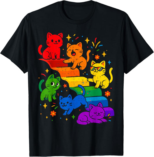 Gay Pride Cat LGBTQ Kawaii Cats Lover Anime Rainbow Flag T-Shirt