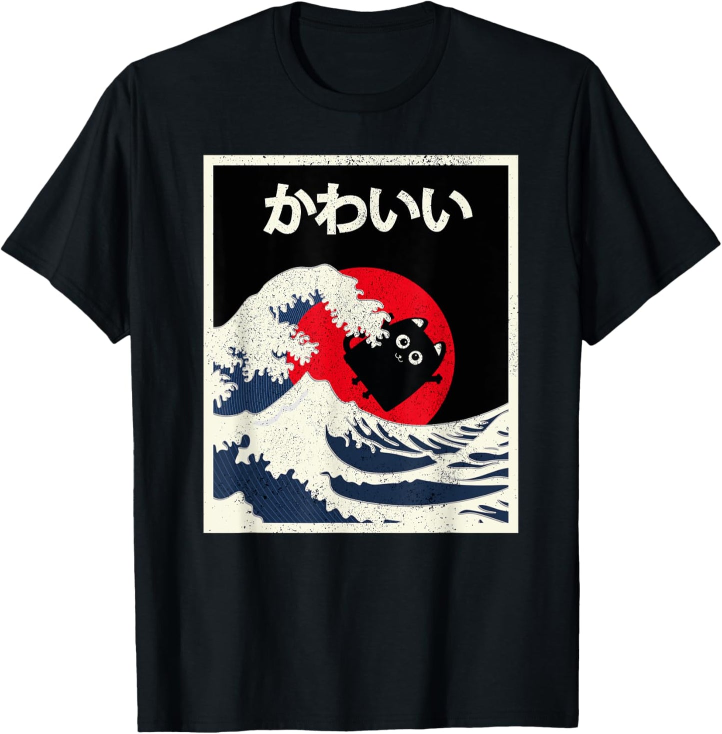 Vintage Kawaii Black Cat Anime Kanagawa Japanese T-Shirt