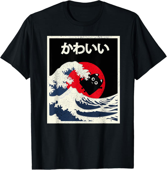 Vintage Kawaii Black Cat Anime Kanagawa Japanese T-Shirt