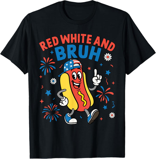 Red White And Bruh Hotdog Patriotic USA Flag 4th Of July Men T-Shirt