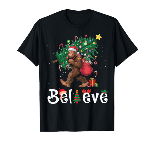 Santa Bigfoot Christmas Tree Lights Sasquatch Believe Xmas T-Shirt