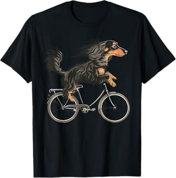 Vintage Long Haired Dachshund Riding A Bike Cycling Bicycle T-Shirt