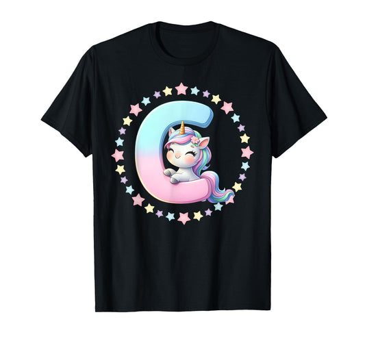 Unicorn Letter C Initial Rainbow Monogram Girls Kids T-Shirt