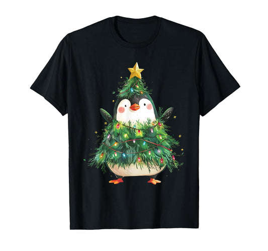 Penguin Christmas Tree Pajamas Girls Boys Xmas Lights T-Shirt