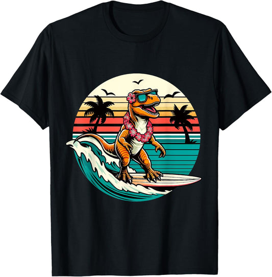Funny Dinosaur Surfboard Beach Summer Surfing Trex Hawaiian T-Shirt